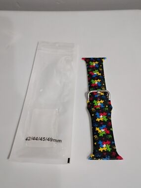 Kids Black Silicone Watch Band with Multicolor Puzzle Pieces